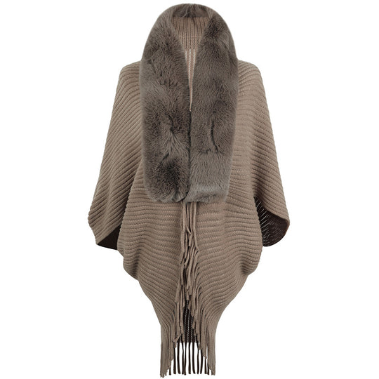 Damen luxuriöser Strickponcho mit elegantem Kunstfellkragen und Fransen R&B