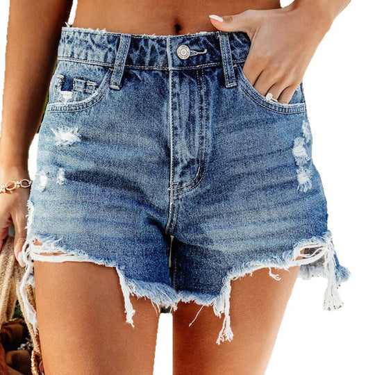 Damen Hochtaillierte Destroyed Denim-Shorts mit fransigen Säumen R&B