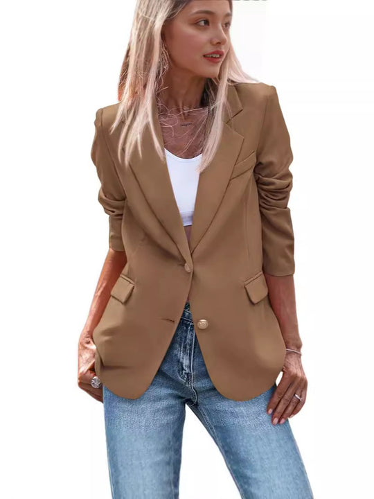 Damen Eleganter Einreiher Blazer mit goldenen Knöpfen und tailliertem Schnitt R&B