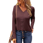 Damen elegantes V-Ausschnitt Longsleeve-Shirt mit Spitzenbesatz R&B