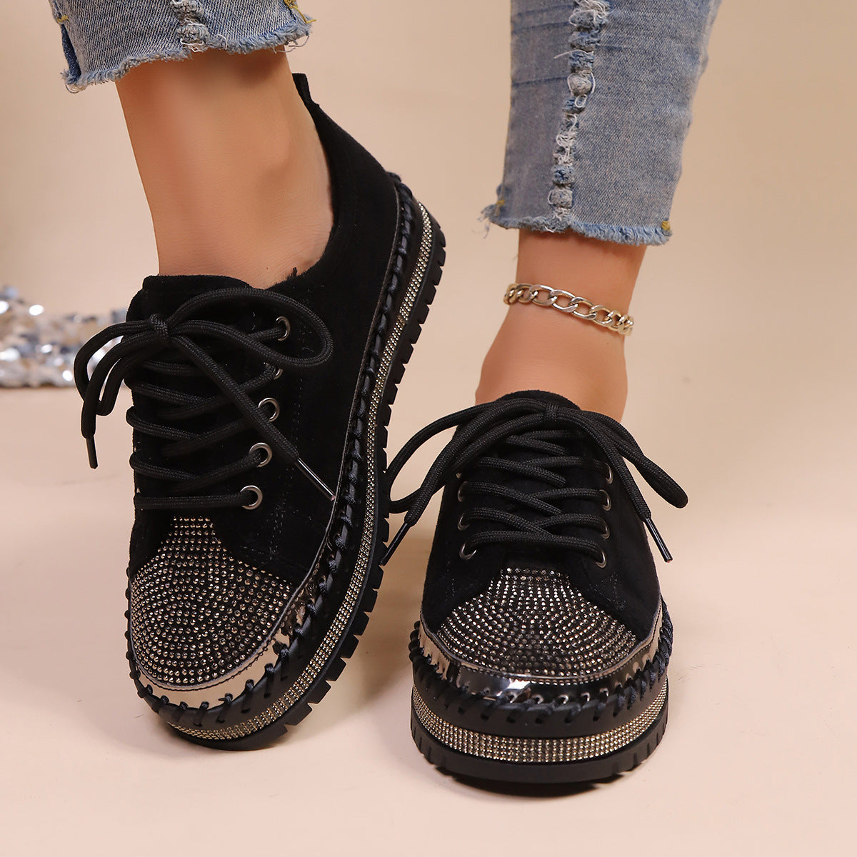 Damen komfortable Sneakers mit Glitzerdetails und kuscheligem Innenfutter R&B