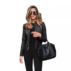 Damen nan schmal geschnittene Lederjacke mit Stehkragen und Zwei-Wege-Reißverschluss R&B