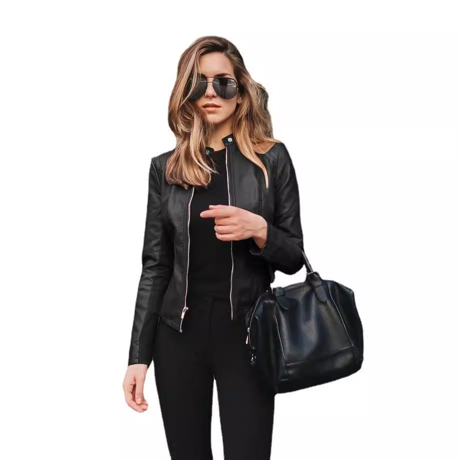 Damen nan schmal geschnittene Lederjacke mit Stehkragen und Zwei-Wege-Reißverschluss R&B