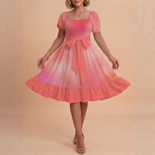 Damen Retro Maxikleid mit Puffärmeln und Taillengürtel R&B