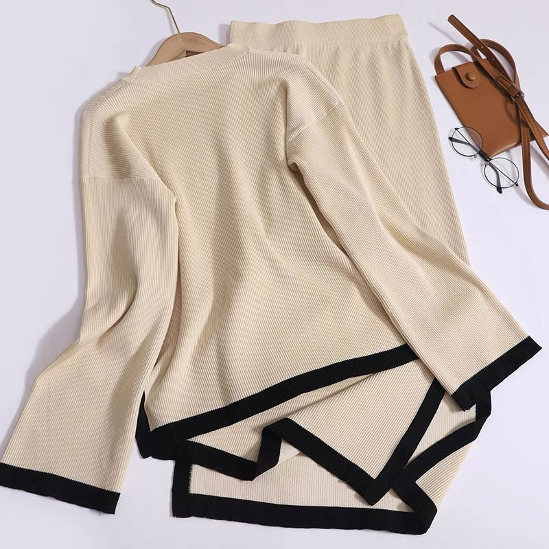 Damen modisches Strick-Loungewear-Set mit dekorativem Kontrastsaum R&B