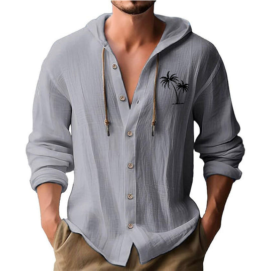 Herren lässiges Kapuzenshirt mit dekorativem Palmendruck und Knopfleiste R&B