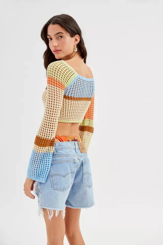 Damen gehäkeltes Crop-Top mit weiten Ärmeln und bunten Streifen R&B