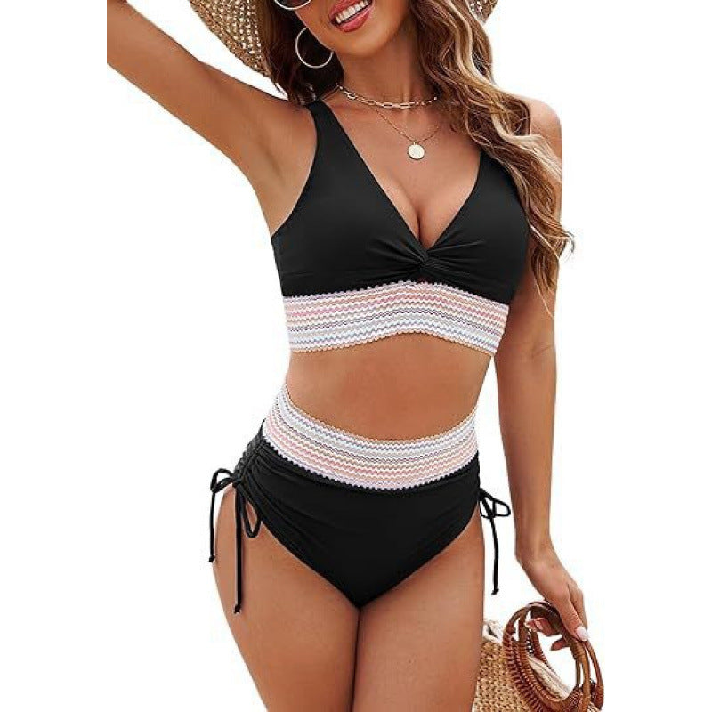 Damen Bikinioberteil mit hoher Taille und dekorativem Strickmuster R&B