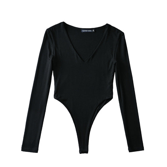 Damen figurbetontes Langarmbodysuit mit tiefem V-Ausschnitt R&B