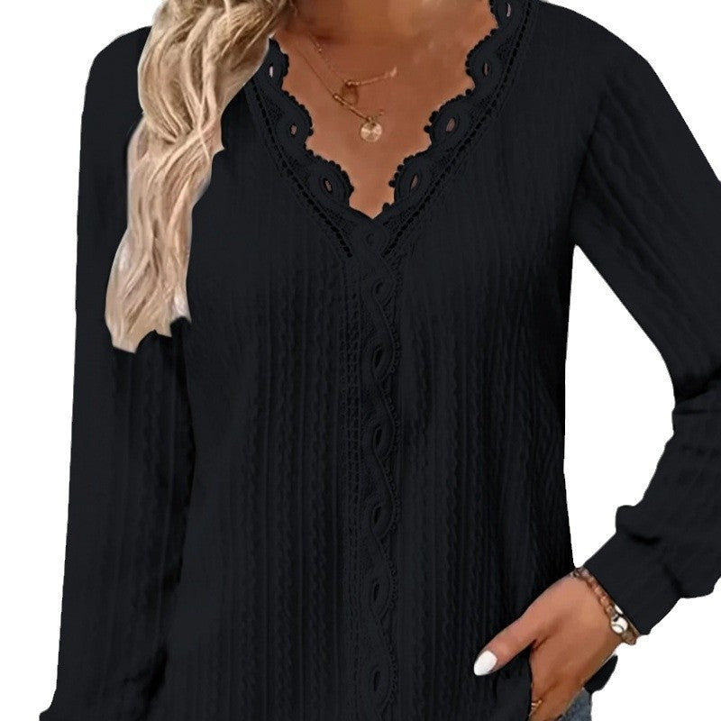 Damen Langarm Bluse mit eleganten Spitzenakzenten und strukturiertem Design R&B