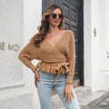 Damen Wickelpullover mit Rüschensaum und Taillengurt R&B