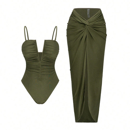 Damen One-Piece Badeanzug mit elegantem Wickelrock R&B