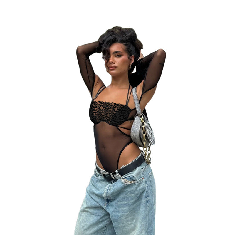 Damen Einteiler Bodysuit mit eleganter Spitzendekoration und transparenter Optik R&B