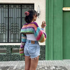 Damen Strickpullover im bunten Design mit weiten Ärmeln R&B