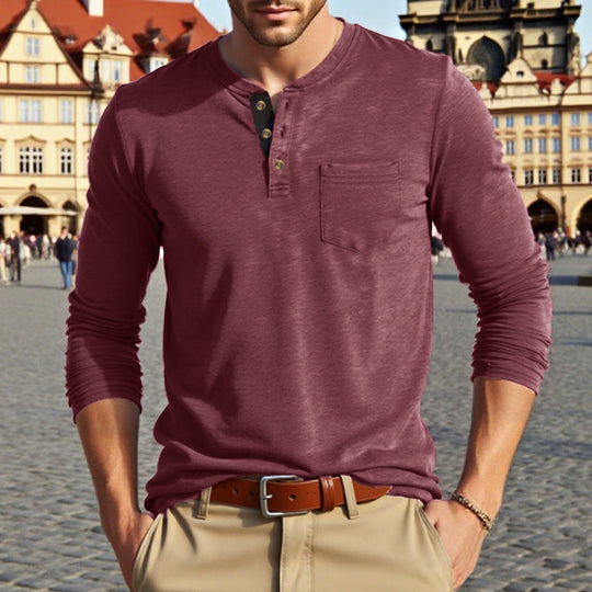 Herren Langarm-Henley-Shirt mit modischem Knopfdesign und praktischer Brusttasche R&B