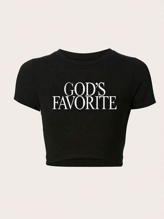 Damen figurbetontes Kurzarm-T-Shirt mit verspieltem Aufdruck R&B