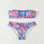 Damen Bandeau-Bikini mit fruchtigem Muster und dekorativen Kontrastnähten