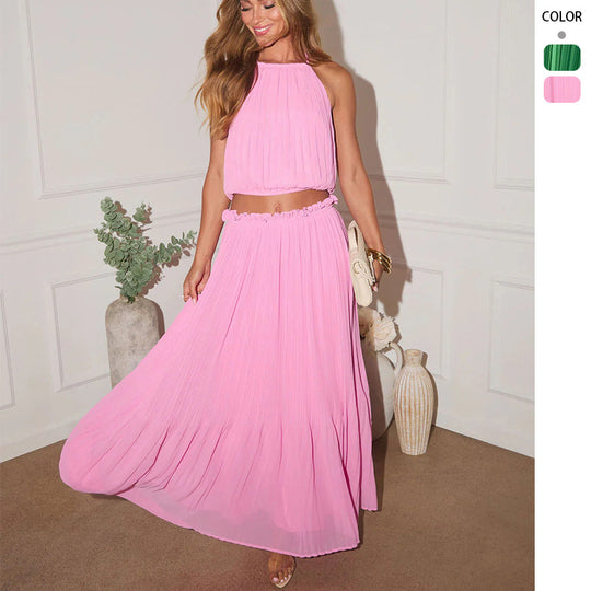 Damen Plissiertes Zweiteiliges Set mit Crop-Top und elegantem Maxiröck R&B