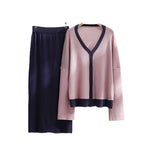 Damen elegantes Strick-Kombinationsset mit tiefem V-Ausschnitt und Kontrastdetails R&B
