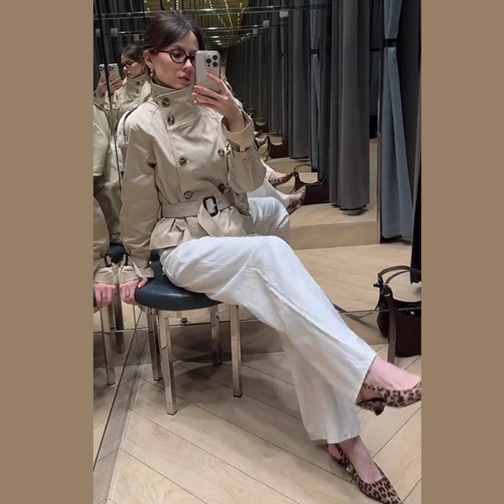 Damen trendige Kurzjacke im modernen Trenchcoat-Stil mit breitem Kragen und Taillengürtel R&B