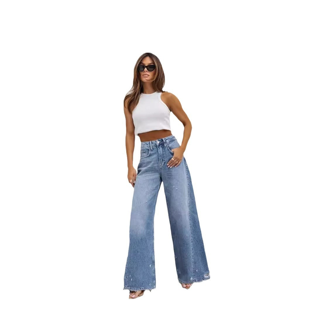 Damen Weit geschnittene Jeanshose mit hohem Bund und lässigem Stil R&B