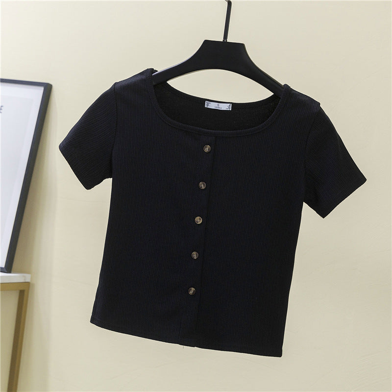 Damen Kurzarmshirt mit dekorativer Knopfleiste und modernem Rippenstrick