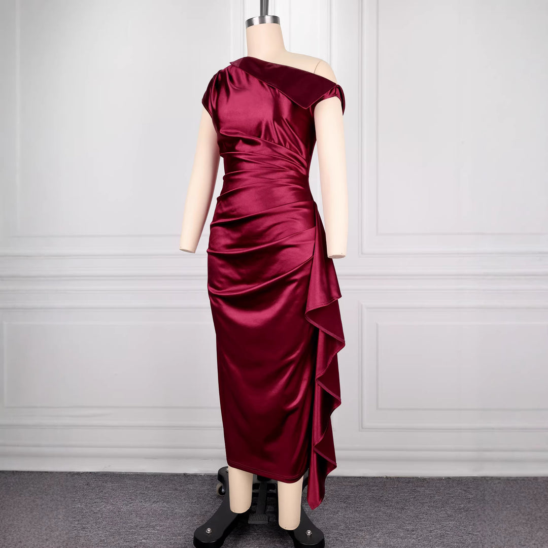 Damen elegantes Satin Abendkleid mit asymmetrischen Rüschendetails R&B