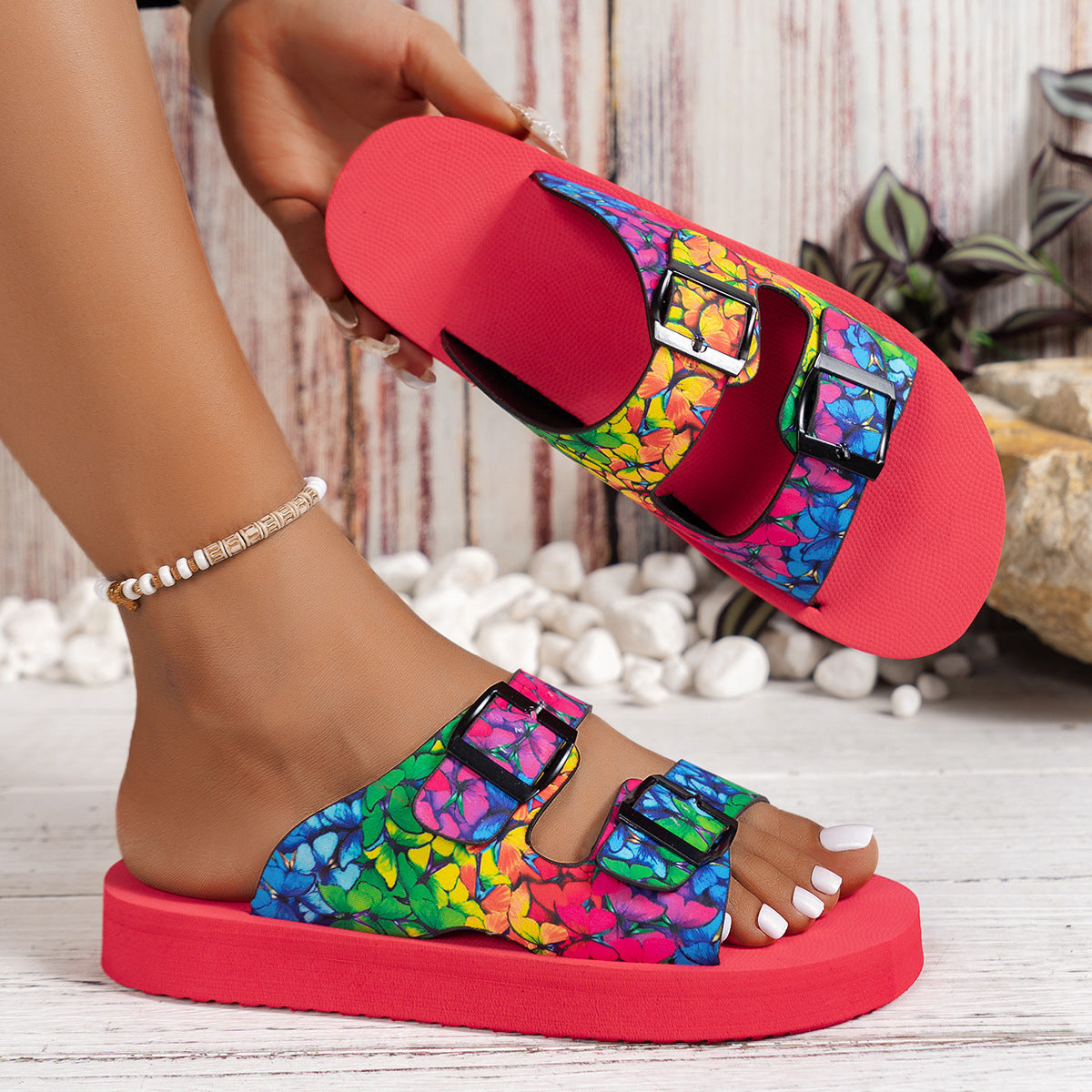Damen modische Freizeitsandalen mit buntem Blumenmuster R&B