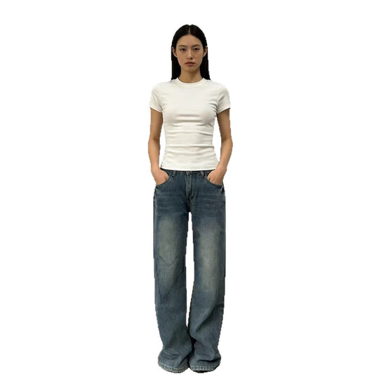Damen weite High-Waist Jeans mit lässigem Schnitt und individuellen Waschungen R&B