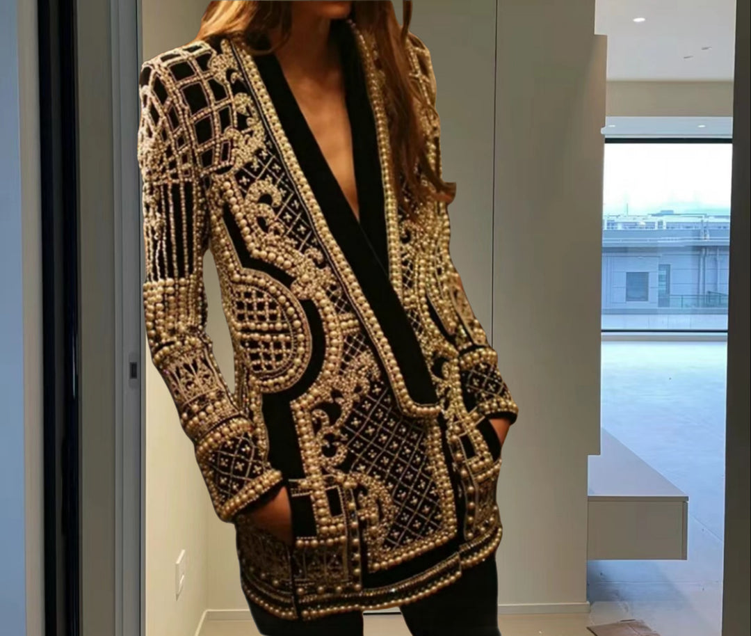 Damen Elegante Strickjacke mit funkelndem Perlenbesatz R&B