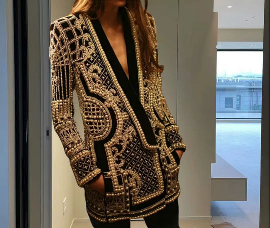 Damen Elegante Strickjacke mit funkelndem Perlenbesatz R&B