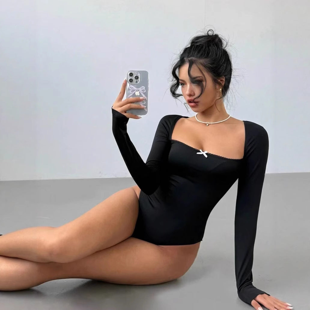 Damen Figurbetontes Langarm-Body mit elegantem Ausschnitt R&B