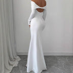 Damen Elegantes Off-Shoulder Maxikleid mit langem Arm und drapiertem Oberteil R&B