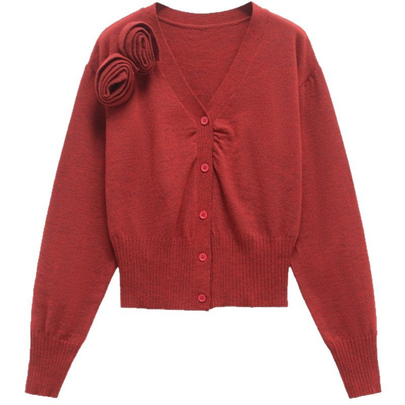 Damen modische Strickjacke mit Druckknopfverschluss und dekorativem Rüschendetail R&B