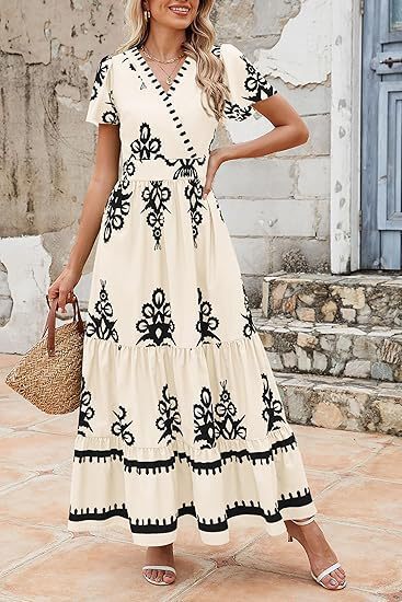 Damen Maxikleid mit V-Ausschnitt und kontrastierenden Stickdetails R&B