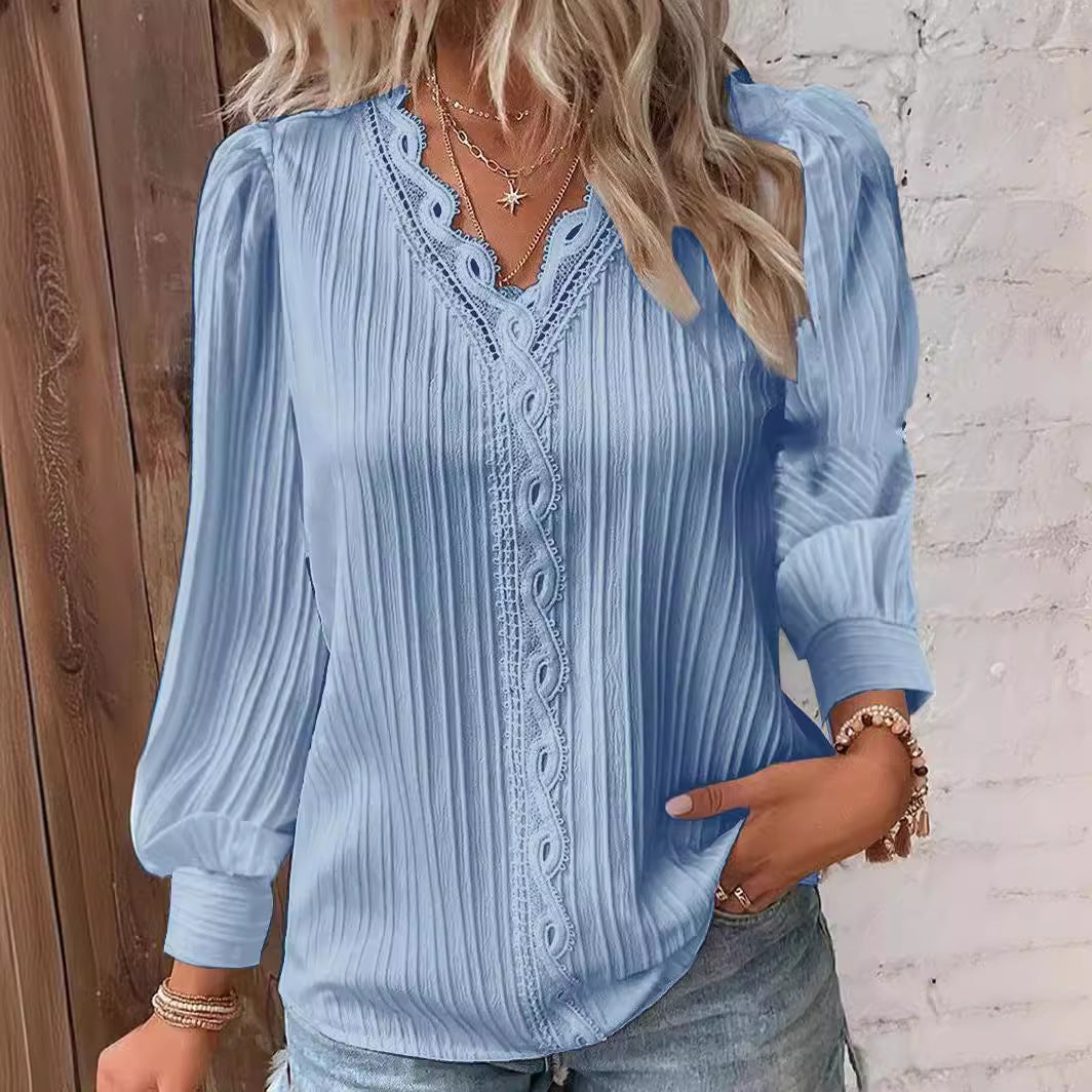 Damen nan romantische V-Ausschnitt Spitzenbluse mit Plissee und Puffärmeln R&B