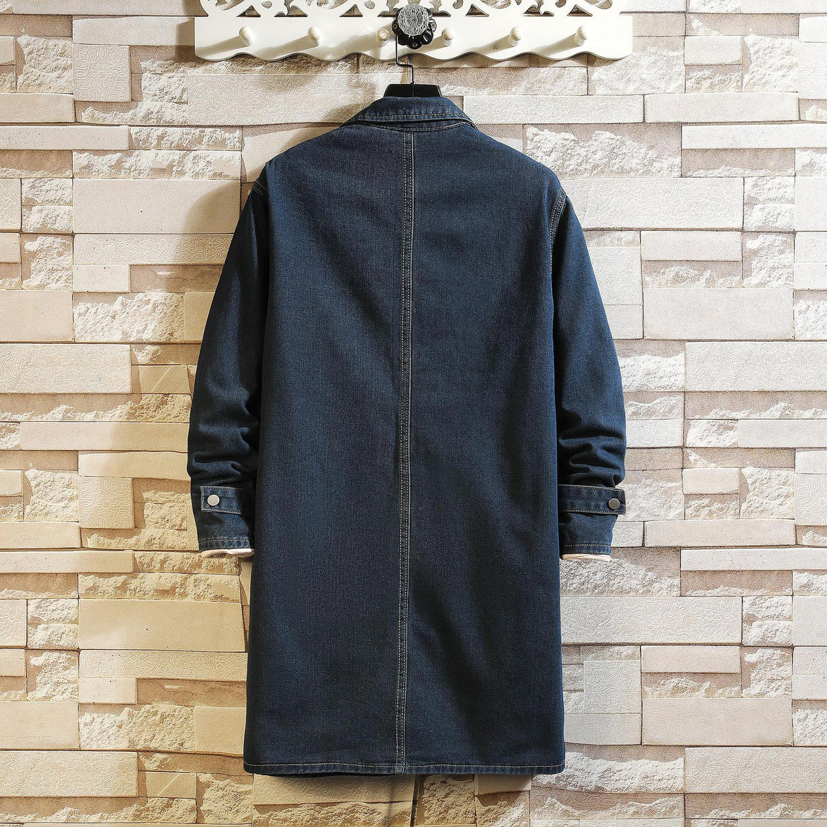 Herren nan langer Overshirt Mantel aus Denim mit Druckknopfleiste und aufgesetzten Taschen R&B
