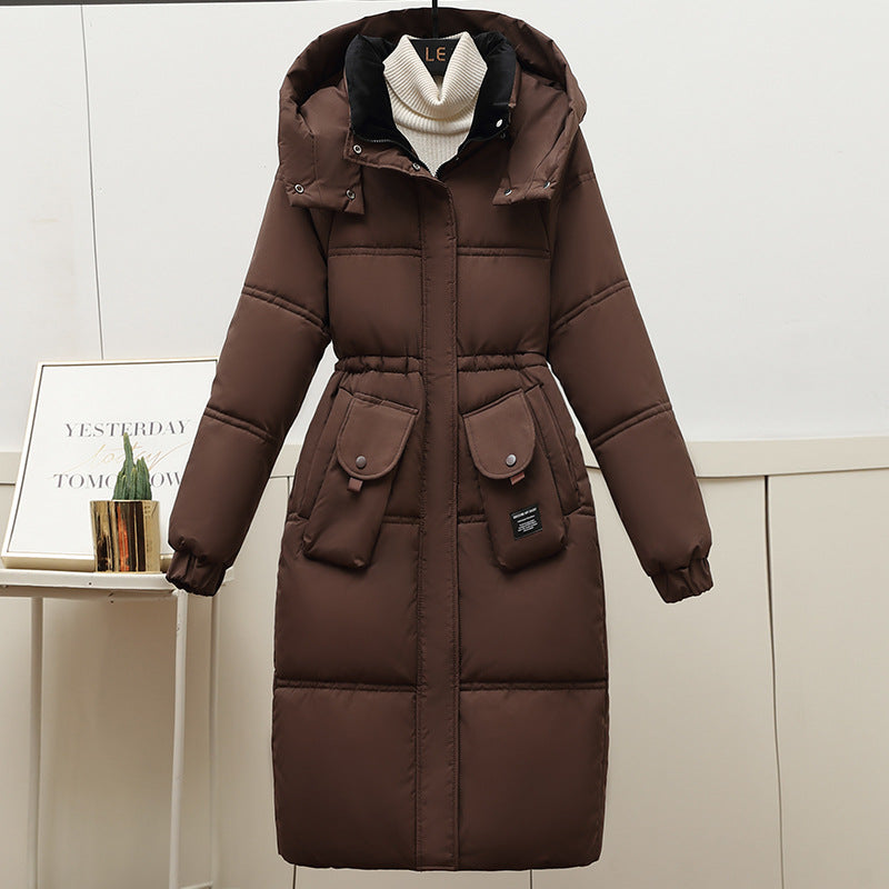 Damen Lange Pufferjacke mit abnehmbarer Kapuze und großen Taschen R&B