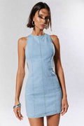 Damen figurbetontes Denim-Kleid mit Seitenschlitzen und hohem Kragen R&B