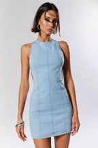 Damen figurbetontes Denim-Kleid mit Seitenschlitzen und hohem Kragen R&B