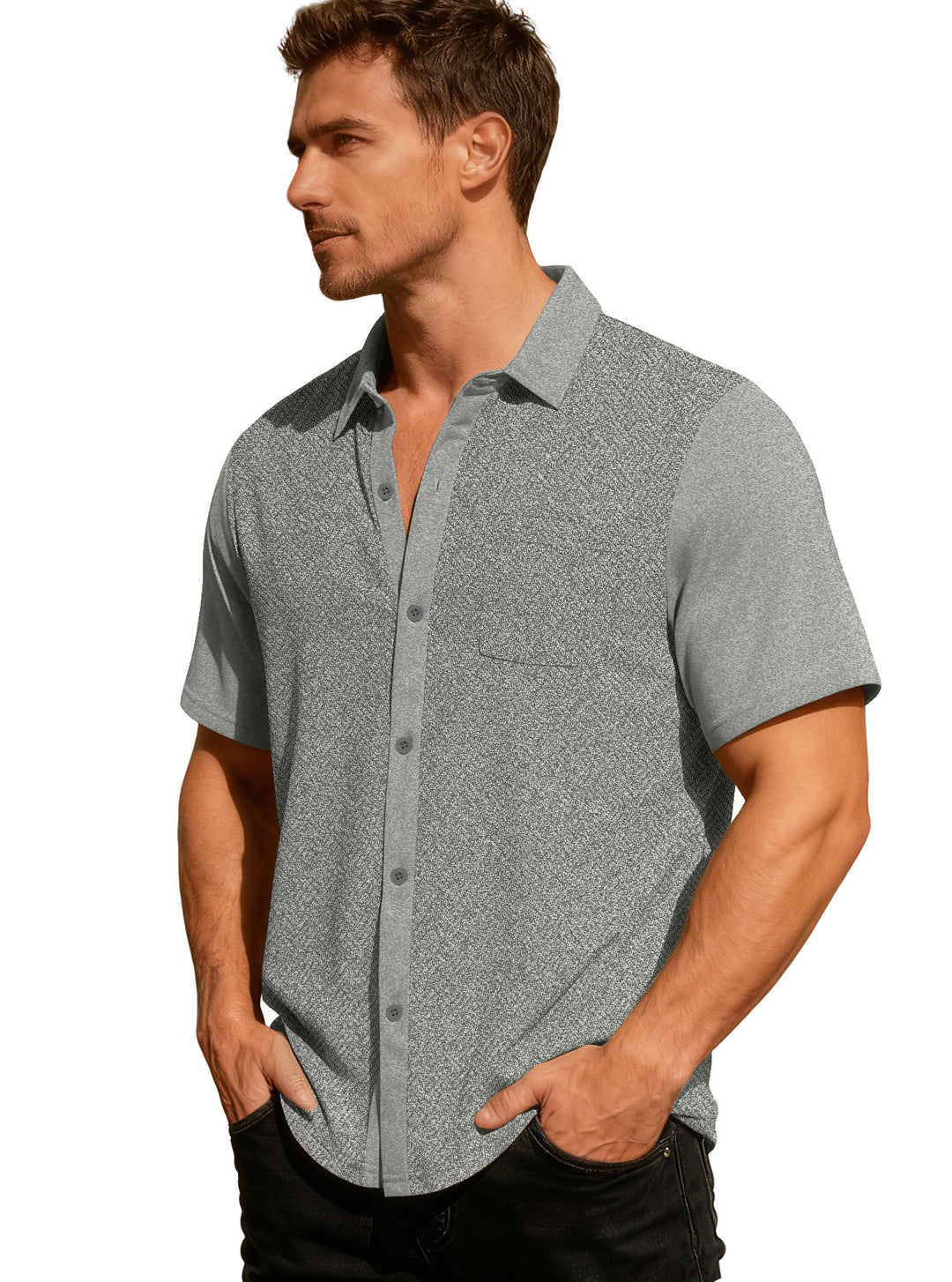 Herren nan legeres Kurzarmhemd mit Jacquardstruktur, kontrastierter Knopfleiste und Brusttasche R&B