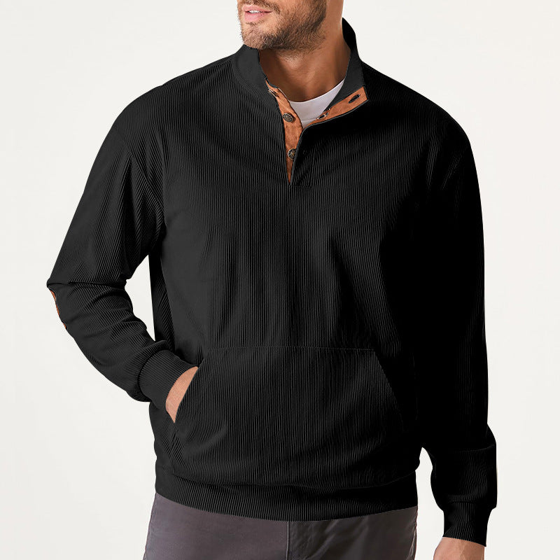Herren nan geripptes Stehkragen-Pullover mit Knopfleiste, Kängurutasche und Wildleder-Ellenbogenpatches R&B