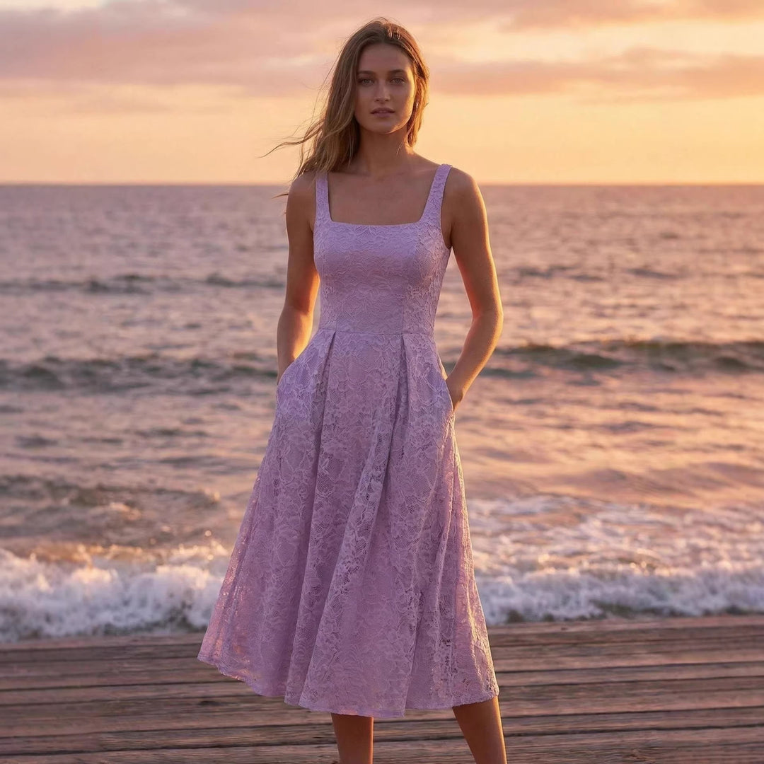 Damen Spitzen-Maxikleid im A-Linien-Stil mit tiefem Ausschnitt und taillierter Silhouette R&B