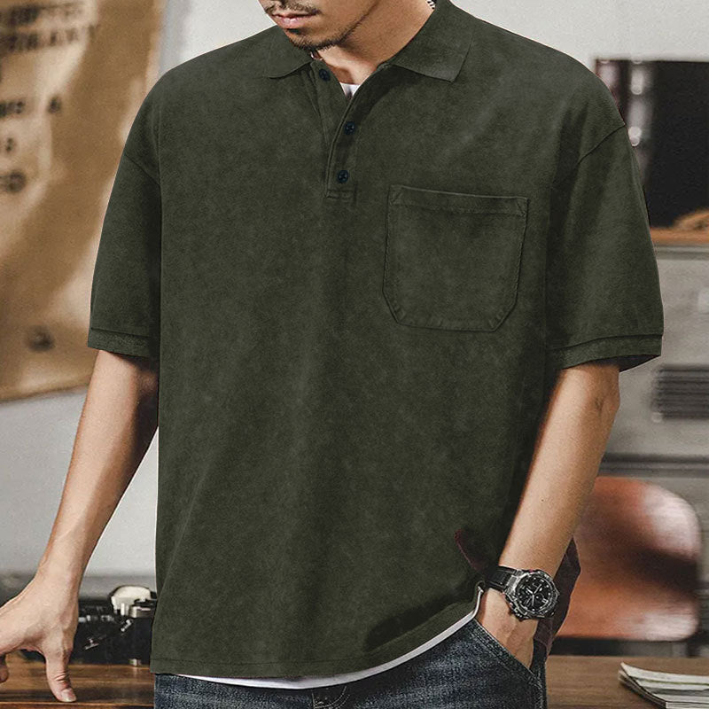 Herren nan locker geschnittenes Baumwoll-Poloshirt mit aufgesetzter Brusttasche und kurzer Knopfleiste R&B