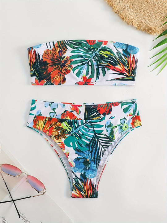 Damen Bandeau-Bikini-Set mit tropischem Blumendesign R&B