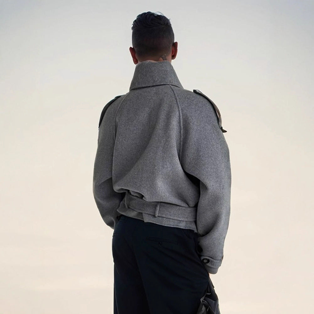 Damen modische Oversized-Wolljacke mit hohem Kragen und Gürtel R&B