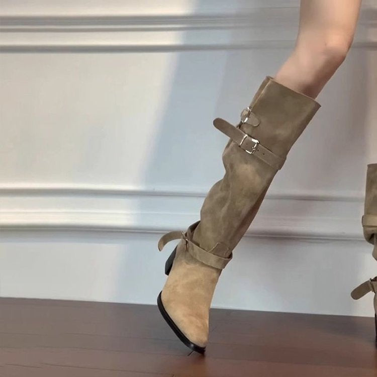 Damen Modische Overknee Stiefel mit verstellbaren Riemen und Blockabsatz R&B