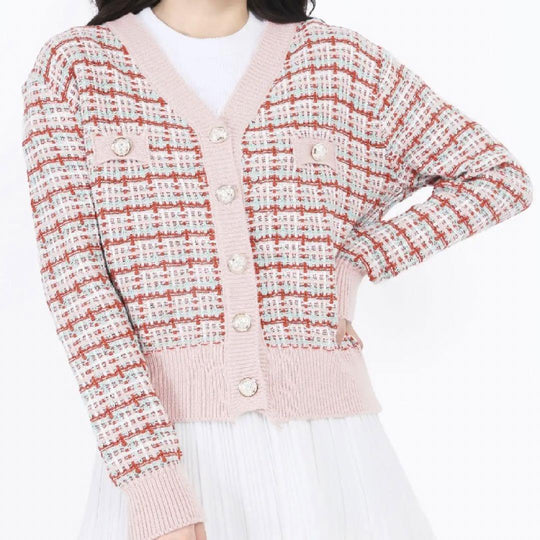 Damen modischer Strickcardigan mit farbenfrohem Muster und Knopfleiste R&B