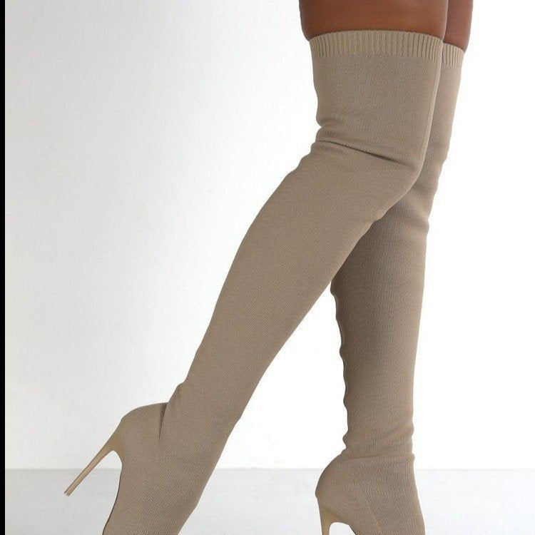 Damen Overknee Stiefel mit elegantem spitzem Absatz und modischem Strickdesign R&B