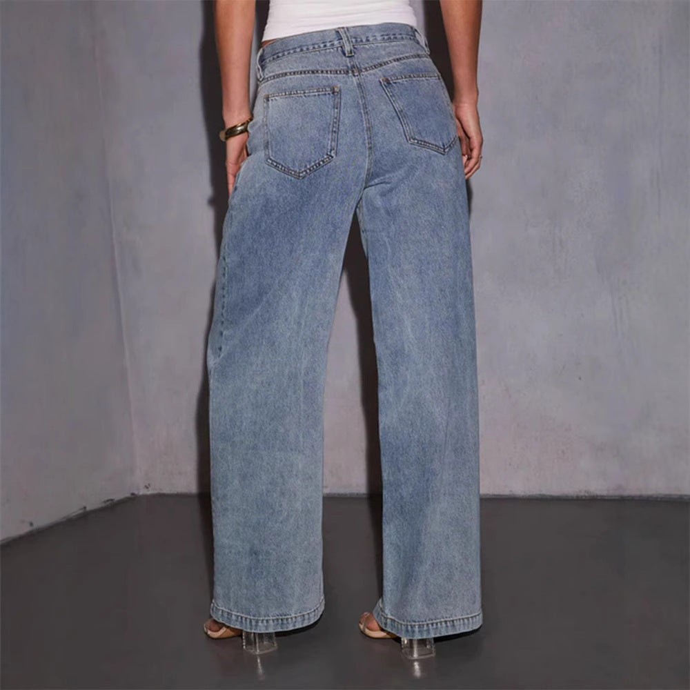 Damen weit geschnittene Denim-Jeans im lässigen Stil mit hohem Bund R&B